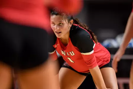 Outside hitter Paige Briggs (1) of the WKU Hilltoppers at E. A. Diddle Arena on August 12, 2023 in Bowling Green, KY. Photo by Steve Roberts/WKU Athletics