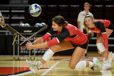 Outside hitter Paige Briggs (1) of the WKU Hilltoppers at E. A. Diddle Arena on August 12, 2023 in Bowling Green, KY. Photo by Steve Roberts/WKU Athletics