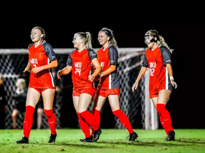 Forward Kayla Meyer (24) Midfielder Rachel Dewey (12) Forward Anna Isger (7) Forward Katie Erwin (13) of the WKU Hilltoppers at WKU Soccer Complex on September 14, 2023 in Bowling Green, KY. Photo by Wyatt Richardson/WKU Athletics