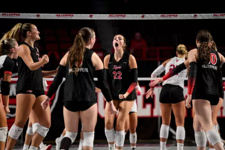 Setter Callie Bauer (14), Outside hitter Faith Young (22), Defensive specialist Kennedy Cherry (3), Defensive specialist Tayler Baron (2), Outside hitter Kendal Meller (13)  | Photo by Steve Roberts