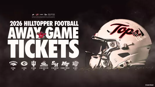 Graphic announcing WKU Football 2026 away game tickets are on sale now. For more information, visit WKUTickets.com or call the WKU Ticket Office at 1-800-5-BIGRED.