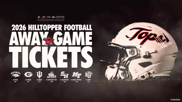 Graphic announcing WKU Football 2026 away game tickets are on sale now. For more information, visit WKUTickets.com or call the WKU Ticket Office at 1-800-5-BIGRED.