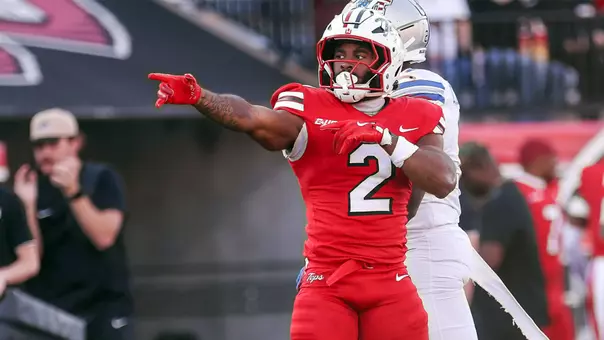 WKU Football wide receiver K.D. Hutchinson celebrates a first down during a 2025 game against Middle Tennessee at Houchens-Smith Stadium.