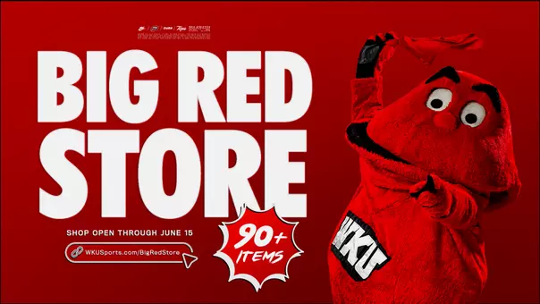 A graphic announcing the Big Red Store, which contains 90+ items and is open until June 15