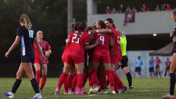 Soccer goal celebration against Murray State