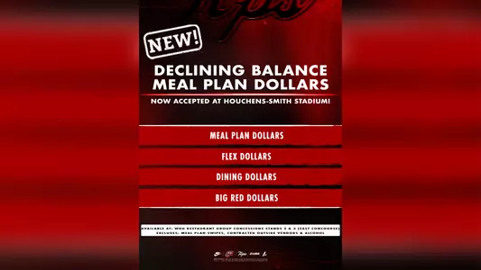 WKU students will have another option when purchasing concessions at Hilltopper Football home games, as WKU Restaurant Group Concessions will now accept declining balance meal plan dollars at select concession stands inside Houchens-Smith Stadium. Beginning with WKU Football's upcoming home game against Mercyhurst on Saturday, Sept. 26, students may use eligible declining balance funds at WKU Restaurant Group Concession Stands 2 and 3, both located on the East Concourse (old side/visiting team side) of Houchens-Smith Stadium. Eligible declining balance funds include Meal Plan Dollars, Flex Dollars, Dining Dollars and Big Red Dollars.