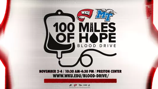 The annual 100 Miles of Hope Blood Drive against Middle Tennessee returns Monday, Nov. 2 through Wednesday, Nov. 4, leading up to WKU Football's game at Middle Tennessee on Saturday, Nov. 7. Campus and community members are encouraged to schedule appointments to donate in favor of WKU at the Preston Health and Activities Center, located at 1906 College Heights Blvd., Bowling Green, KY, 42101. Walk-in appointments are welcomed, but scheduled appointments are encouraged. Appointments are available from 10:30 a.m. – 4:30 p.m. each day. Free parking spaces are available for community members scheduled to donate. Parking and donation details can be found online at wku.edu/blood-drive.
