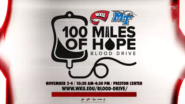 The annual 100 Miles of Hope Blood Drive against Middle Tennessee returns Monday, Nov. 2 through Wednesday, Nov. 4, leading up to WKU Football's game at Middle Tennessee on Saturday, Nov. 7. Campus and community members are encouraged to schedule appointments to donate in favor of WKU at the Preston Health and Activities Center, located at 1906 College Heights Blvd., Bowling Green, KY, 42101. Walk-in appointments are welcomed, but scheduled appointments are encouraged. Appointments are available from 10:30 a.m. – 4:30 p.m. each day. Free parking spaces are available for community members scheduled to donate. Parking and donation details can be found online at wku.edu/blood-drive.