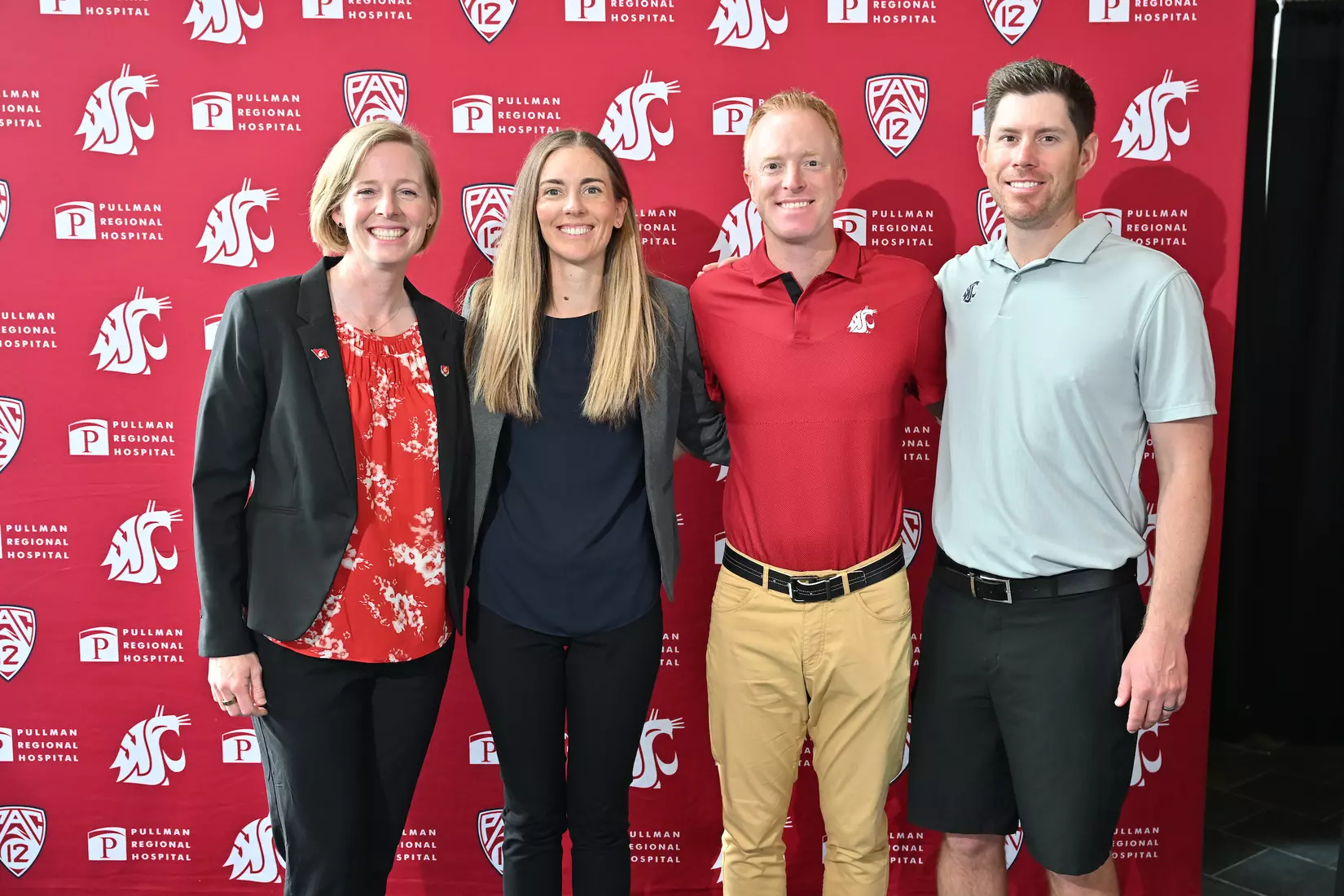Sofie Aagaard (right) takes a photo with the rest of the golf program including her assistant Emma (center left) and the men's coaches, head coach Dustin White (center right) and assistant Kevin (left)