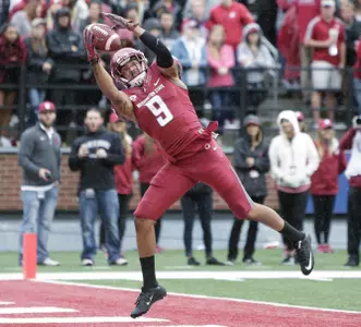 Washington State wide receiver Gabe Marks (9) catches a pass for a touchdown during the first half of an NCAA college football game against Idaho in Pullman, Wash., Saturday, Sept. 17, 2016. (AP Photo/Young Kwak)