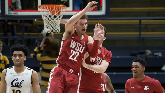 Washington State players celebrate a 78-76 win over California in an NCAA college basketball game Thursday, Feb. 22, 2018, in Berkeley, Calif. (AP Photo/D. Ross Cameron)