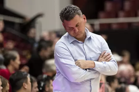 Washington State head coach Mike Hopkins reacts after a Stanford player scored a basket and drew a foul during the second half of an NCAA college basketball game Saturday, Jan. 11, 2020, in Stanford, Calif. (AP Photo/John Hefti)