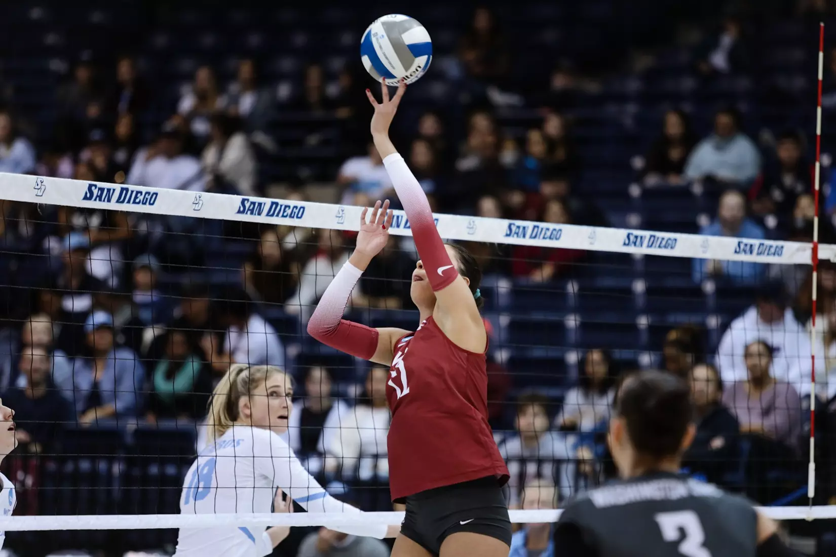 24th-ranked Washington State volleyball fell, 3-1, at third-ranked San Diego, on Friday, Dec. 2, 2022, at Jenny Craig Pavilion, in San Diego, Calif.