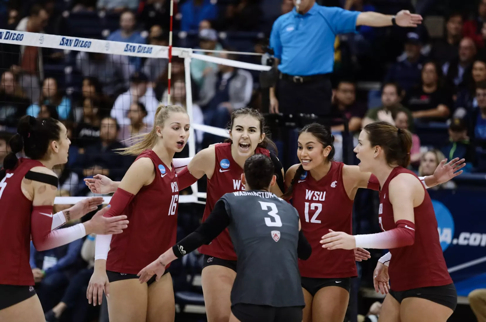24th-ranked Washington State volleyball fell, 3-1, at third-ranked San Diego, on Friday, Dec. 2, 2022, at Jenny Craig Pavilion, in San Diego, Calif.