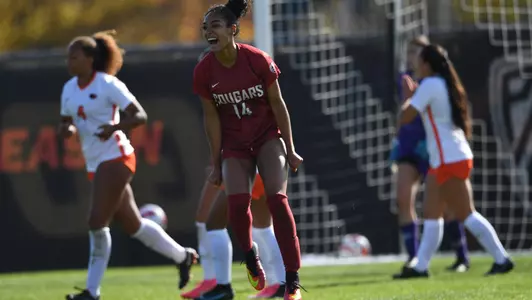 Margie Detrizio celebrates one of her two goals at Oregon State