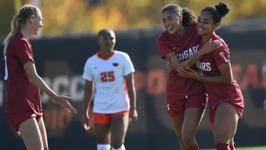 Margie Detrizio celebrates one of her two goals at Oregon State
