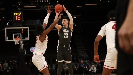 Andrej Jakimovski shoots a 3-pointer against Santa Clara, Dec. 16, 2023