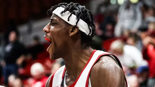 Rueben Chinyelu shouts in celebration after a basket against Utah, Jan. 24, 2024