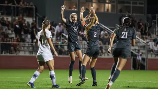 Jenna Studer celebrates with Reese Tappan after scoring, Sept. 5, 2024