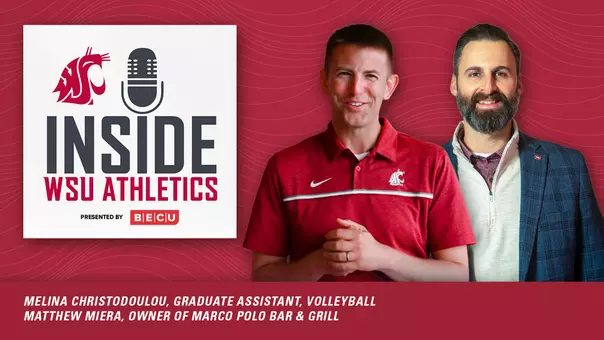 Inside WSU Athletics Podcast Graphic - Guests Melina Chirstodoulou and alum Matt Miera