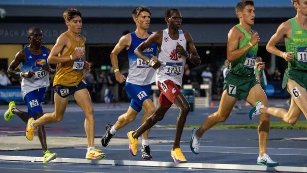 Evans Kurui runs with the lead pack at the start of the men's 10,000-meter run at the NCAA West First Roudns