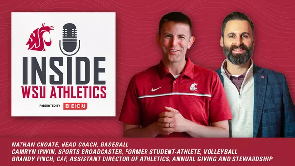 WSU Athletics Podcast Graphic - Guests Nathan Choate, Camryn Irwin and Brandy Finch