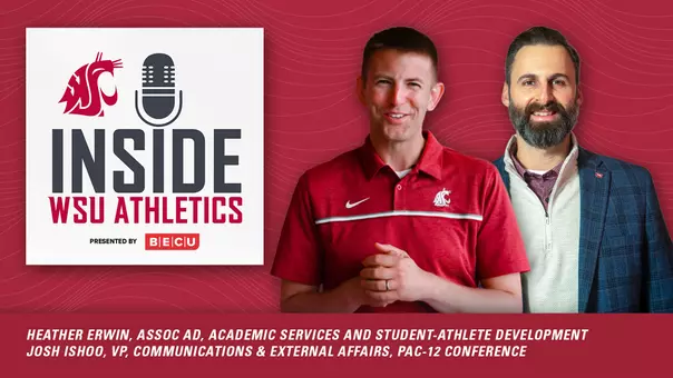 Inside WSU Athletics Podcast Graphic - Guests Heather Erwin and Josh Ishoo