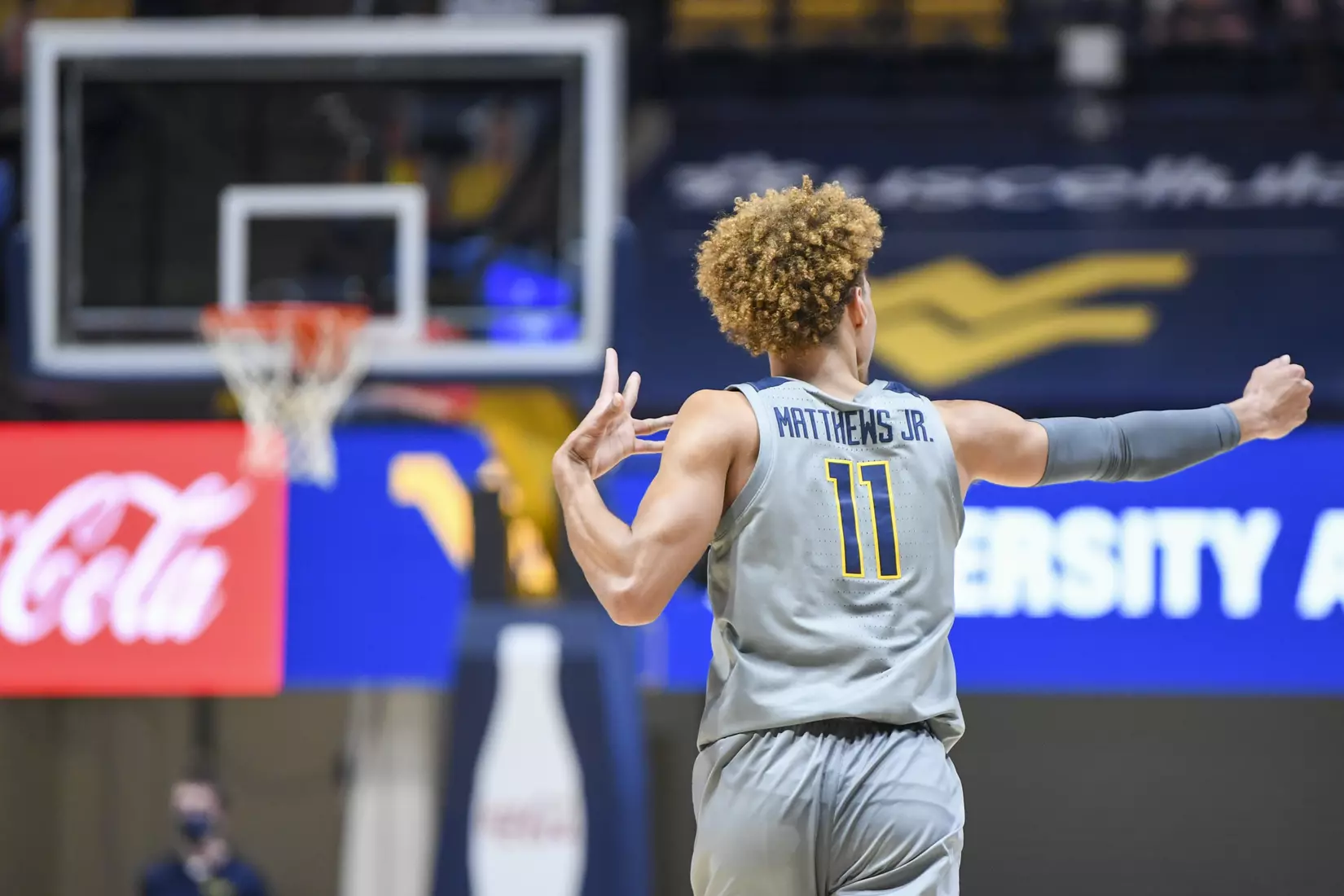 Emmitt Matthews Jr. celebrates a three-pointer.