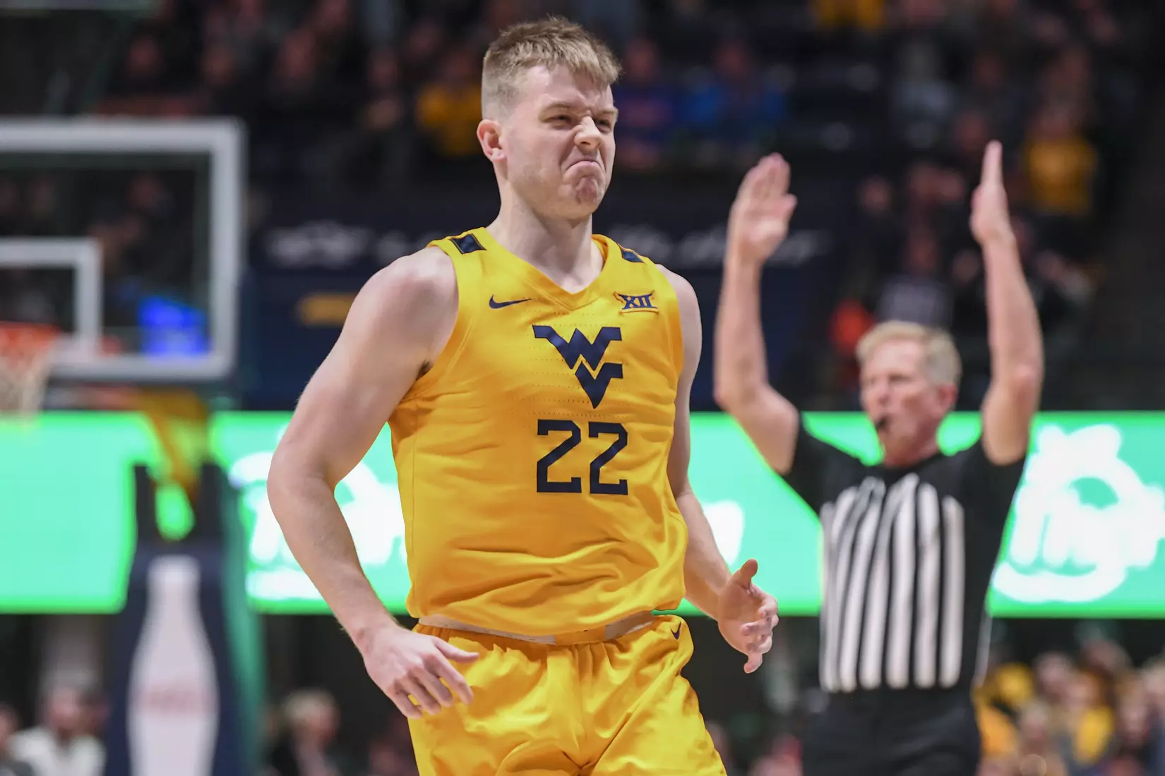 Sean McNeil celebrates a three-pointer.