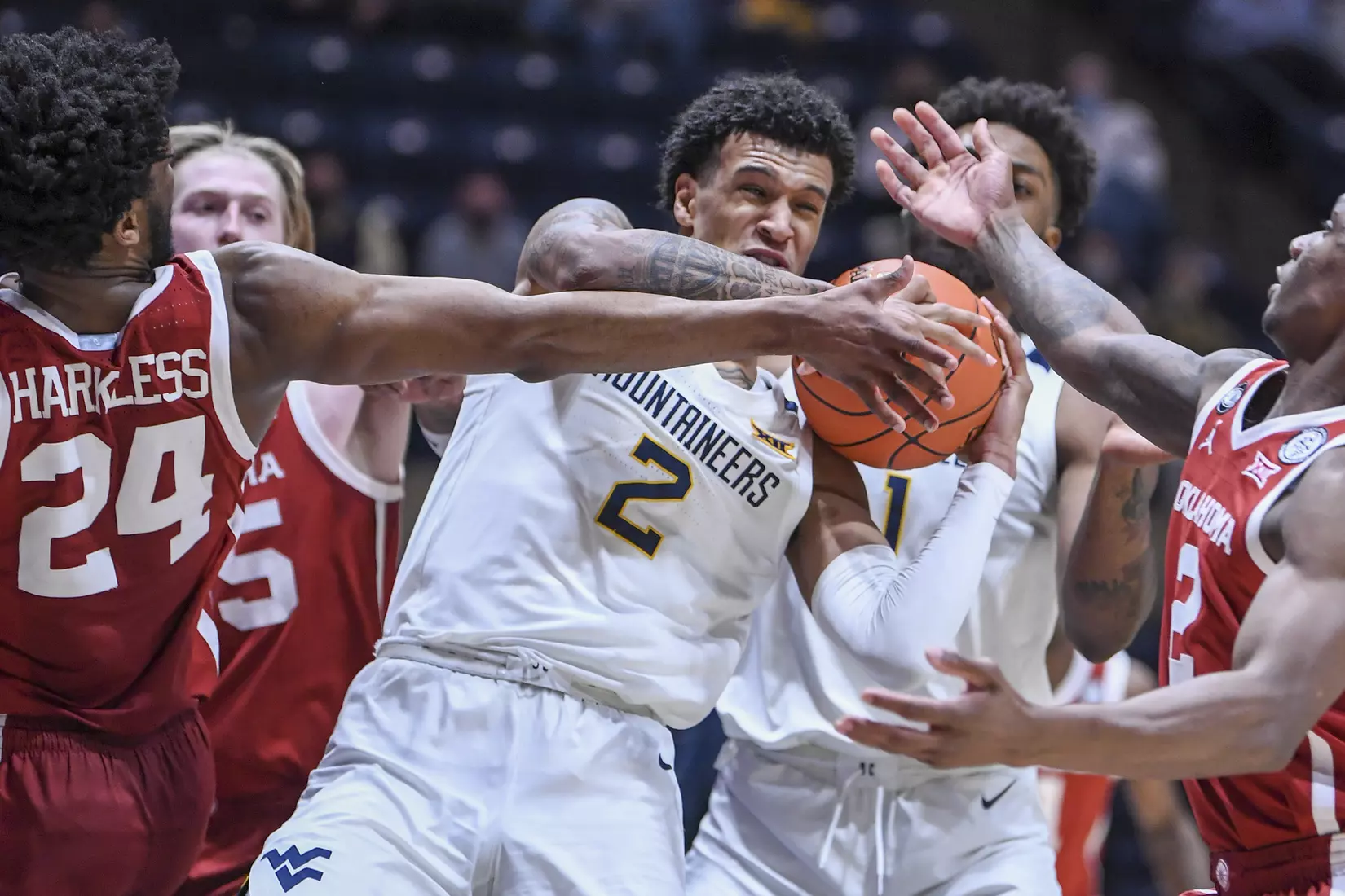 Jalen Bridges fights for a rebound.