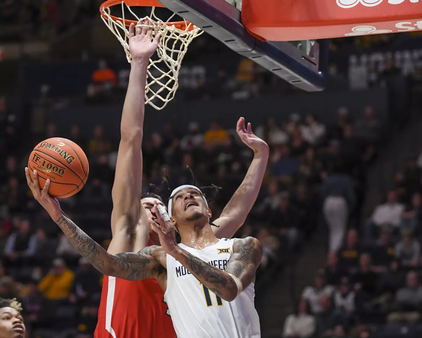 Jalen Bridges shoots.