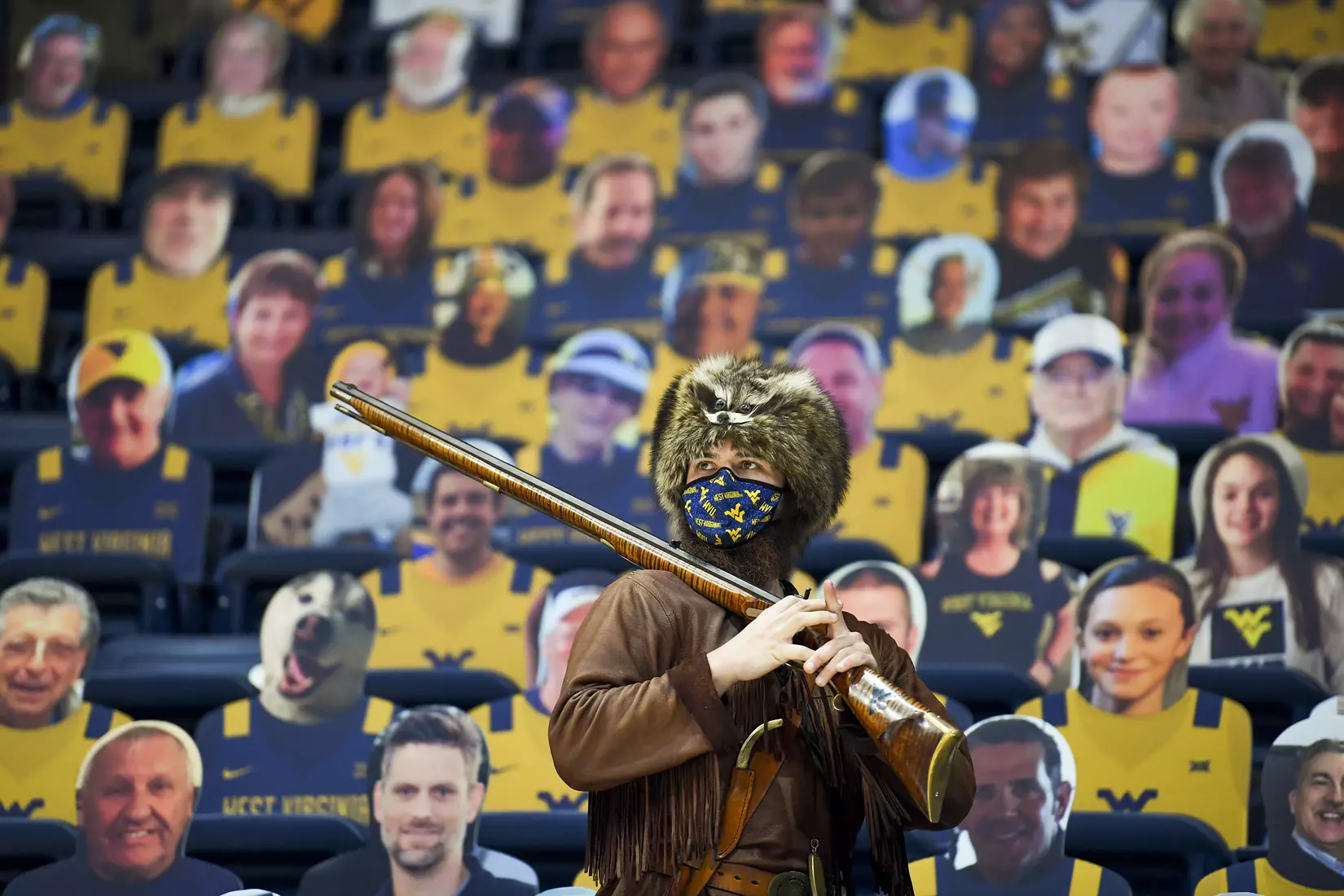 Mountaineer mascot Colson Glover watches with the "fans".