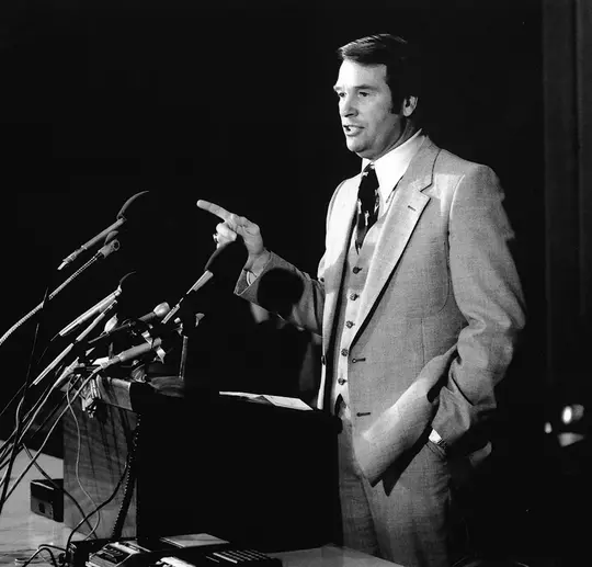 Don Nehlen's introductory press conference in the Mountaineer Room at the WVU Coliseum in December, 1979.