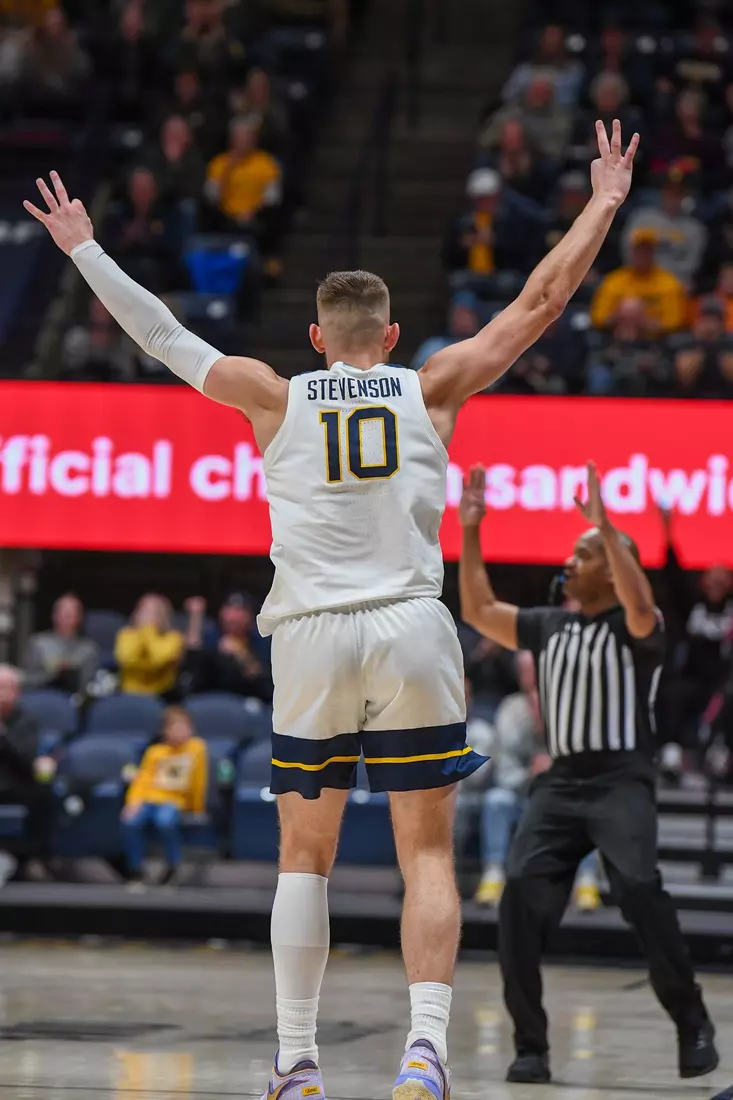 Erik Stevenson celebrates a three-pointer.