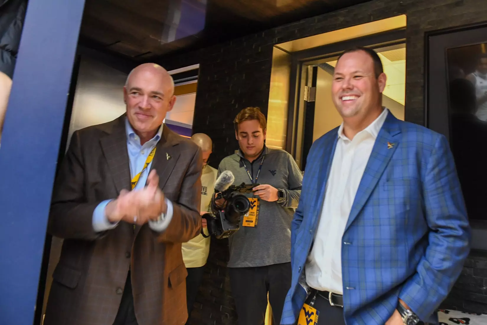New Athletic Director Wren Baker visits the Mountaineer locker room.