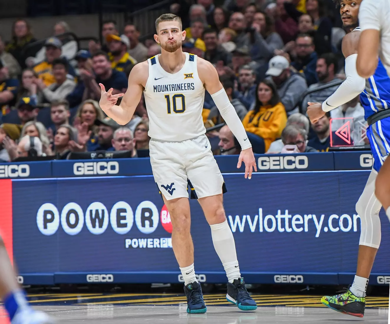 Erik Stevenson celebrates his three.