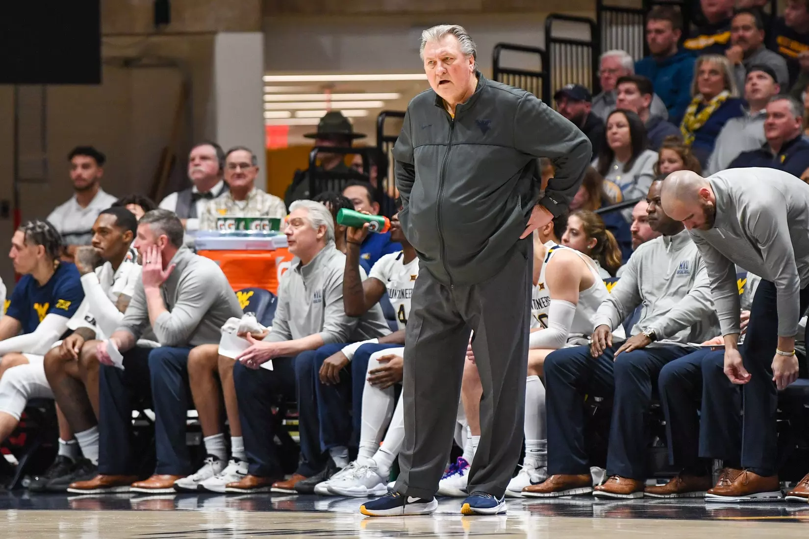 Bob Huggins stares down the officials.