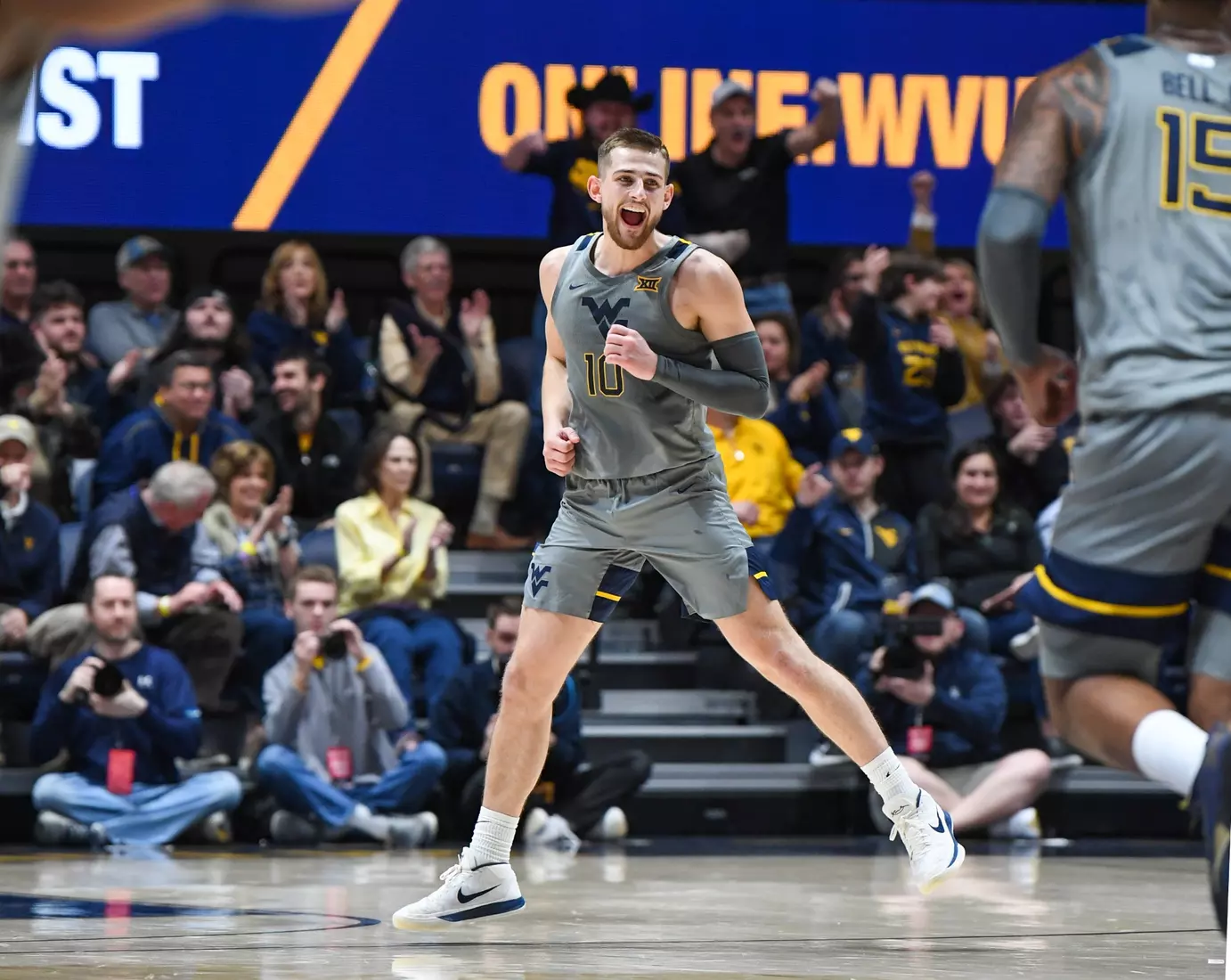 Erik Stevenson celebrates the three.