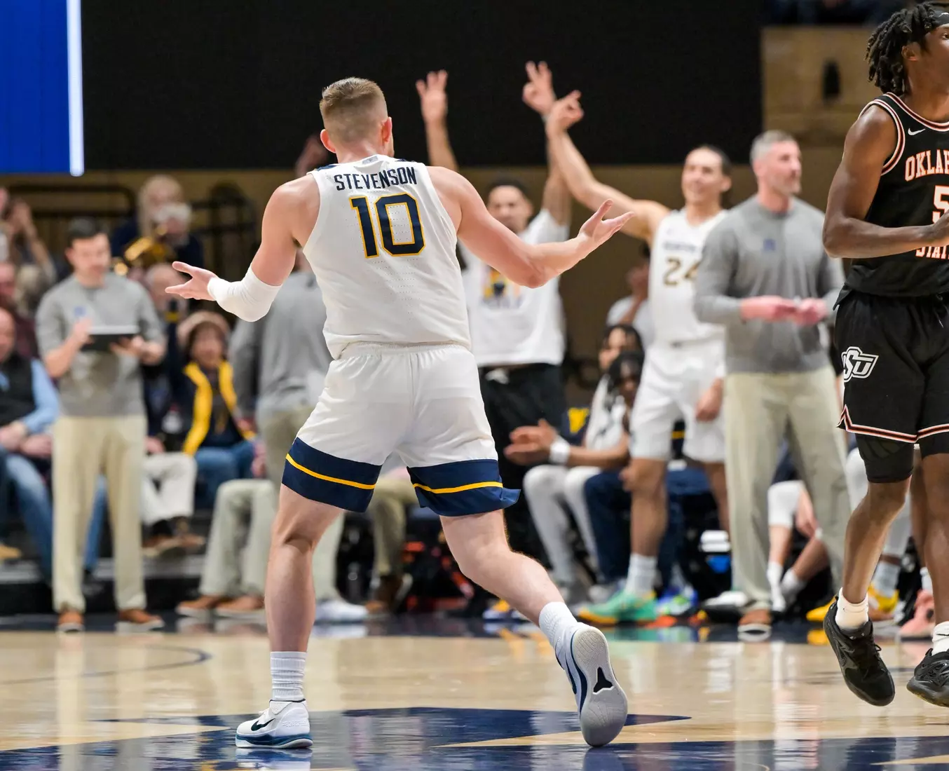 Erik Stevenson celebrates an early three.