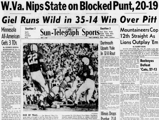 West Virginia Penn State 1953 Headline