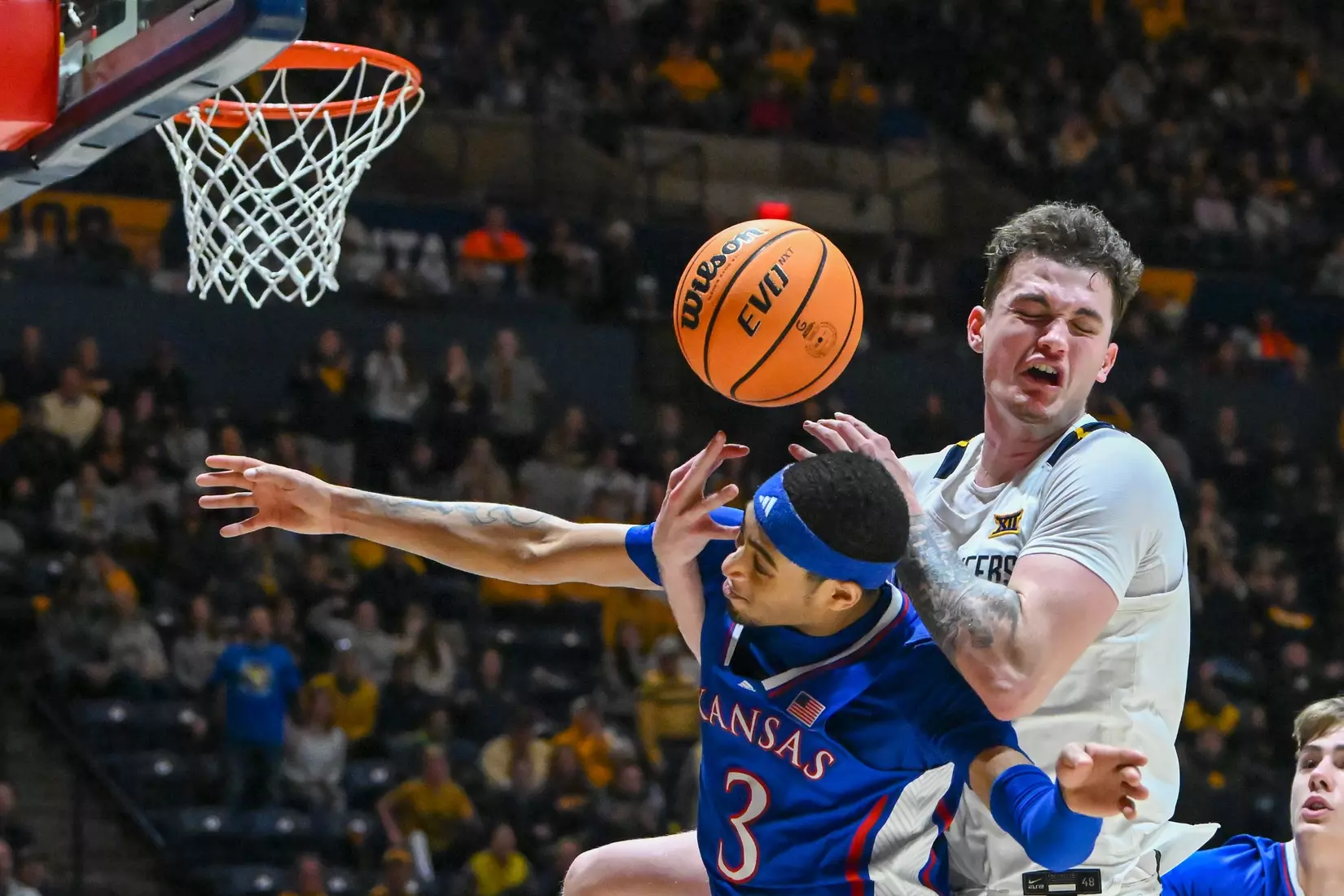 Quinn Slazinski is fouled while rebounding late in the game.