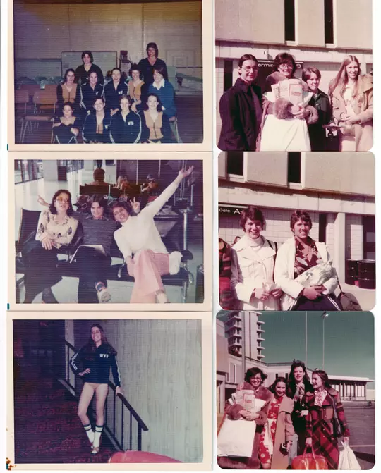 Polaroid photos of gymnastic's team's first plane trip