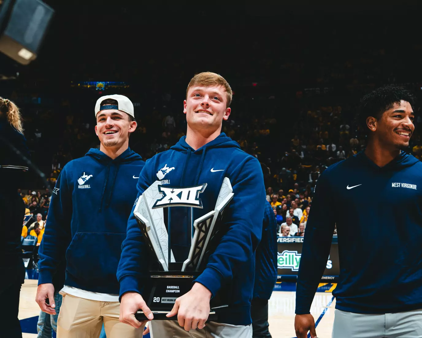 The WVU baseball team was honored for its 2025 season during the first half of the Backyard Brawl at Hope Coliseum on Thursday, Nov. 13, 2025, in Morgantown, W.Va.