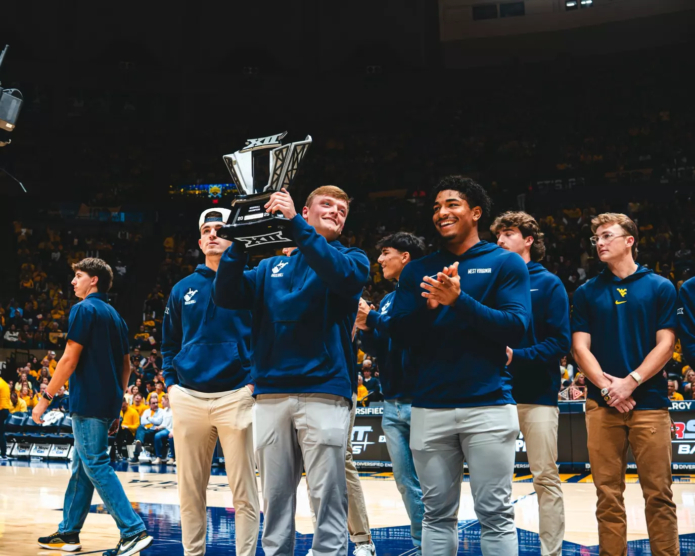 The WVU baseball team was honored for its 2025 season during the first half of the Backyard Brawl at Hope Coliseum on Thursday, Nov. 13, 2025, in Morgantown, W.Va.