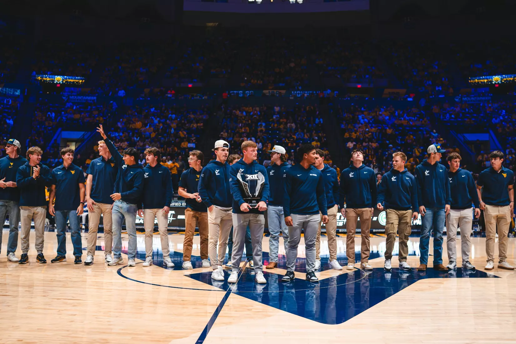 The WVU baseball team was honored for its 2025 season during the first half of the Backyard Brawl at Hope Coliseum on Thursday, Nov. 13, 2025, in Morgantown, W.Va.