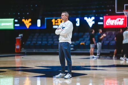 West Virginia opens the season against Mount St. Mary's on Nov. 4, 2025, at Hope Coliseum in Morgantown, W.Va.