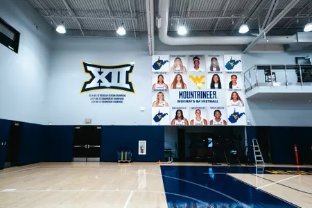 One of the practice courts inside the WVU Basketball Practice Facility at the Hope Coliseum Complex.