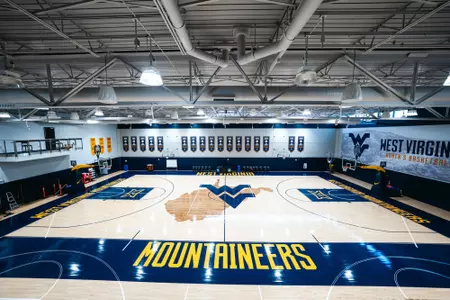 The court inside the WVU Basketball Practice Facility at the Hope Coliseum Complex.