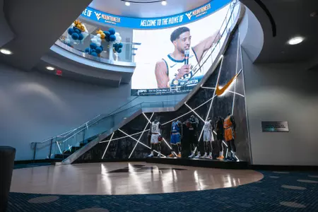 The staircase inside the WVU Basketball Practice Facility at the Hope Coliseum Complex.