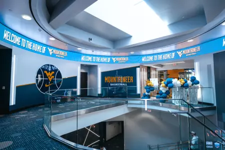 The staircase inside the WVU Basketball Practice Facility at the Hope Coliseum Complex.